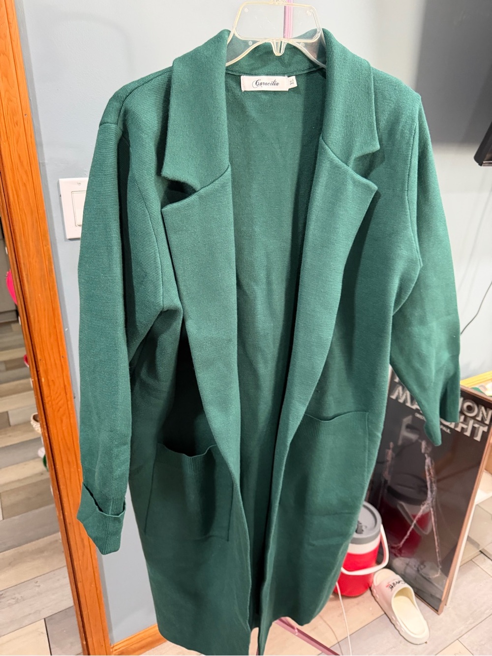 Green Open-Front Trench Coat with Patch Pockets